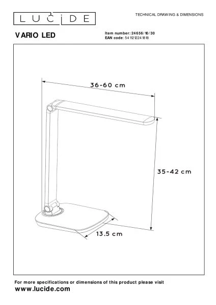 Lucide VARIO LED - Lampe de bureau - LED Dim to warm - 1x8W 2700K/6500K - Noir - technique